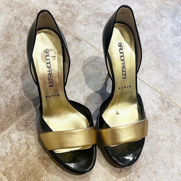 Bruno Frisoni d’orsay patent leather black & gold open toe stiletto heels 38 7.5 - Picture 2 of 10